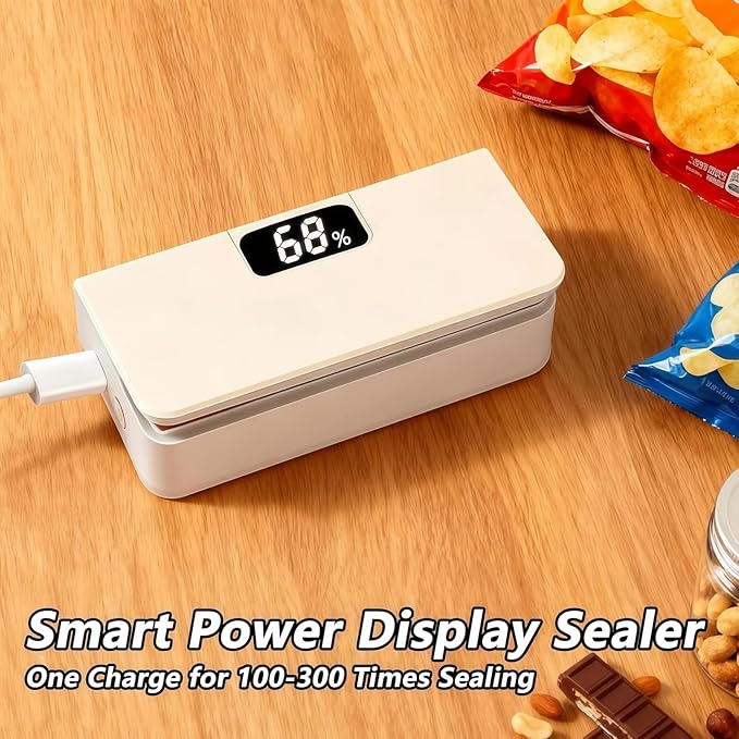 2026 New USB-C Rechargeable Mini Bag Sealer, One-Touch, Adjustable and Portable Freshness, 6-Level Adjustable Heat Sealer & Cutter, LED Display, Magnetic Base for Fridge & Kitchen (White)
