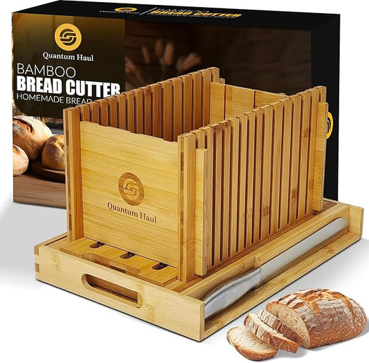Bamboo Bread Slicer with High-Grade Stainless Steel Knife – Adjustable Wooden Bread Cutter Guide with Crumb Tray, Brush & Pouch | Manual Bread Slicer for Homemade Bread, Sourdough, Loaf, Cakes