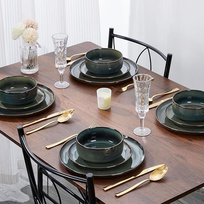 E-far 6-Piece Plates and Bowls Set, Stoneware Dinnerware Sets for 2, Ceramic Dishes Reactive Glaze Dinning Ware, Microwave & Dishwasher Safe - Obsidian Green