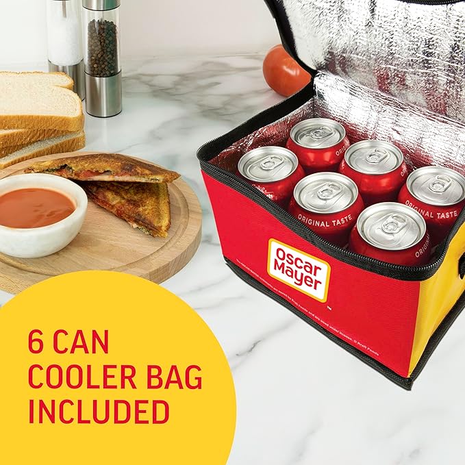 Nostalgia Oscar Mayer Sandwich Maker with Beverage Cooler Bag, 5-Inch Nonstick Cooking Surface with Indicator Lights and Lock Feature, Lunch and Beverage Tote Included, Yellow