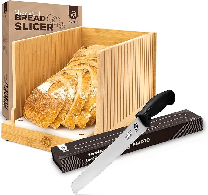 ABIOTO Serrated Bread Knife and Foldable Bread Slicer for Homemade Bread - An Ultimate Bread Slicing Set - No Splinters with HDPE Base and Maple Fingers