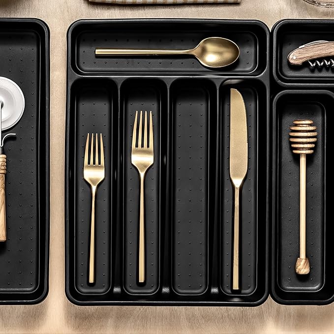 madesmart Classic Mini Silverware Tray Soft Grip, Non-Slip Kitchen Drawer, Multi-Purpose Home Organization, BPA Free, 5 Compartments, Carbon