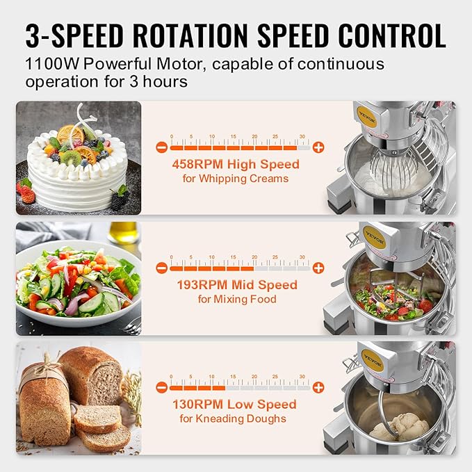 VEVOR Commercial Food Mixer 20Qt, Commercial Mixer with 3 Adjustable Speeds, 1100W Dough Mixer,Commercial Stand Mixer with Stainless Steel Bowl