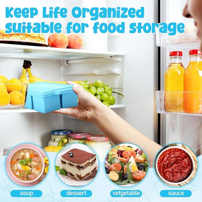 4 Pack Silicone Freezer Trays with Lid, 1/5, 1/2, 1, and 2 Cup Soup Freezer Molds Set Stainless Steel Frame Ice Cube Tray for Meal Prep Freezing Soup Stews Sauces Oven Microwave Safe(Blue)