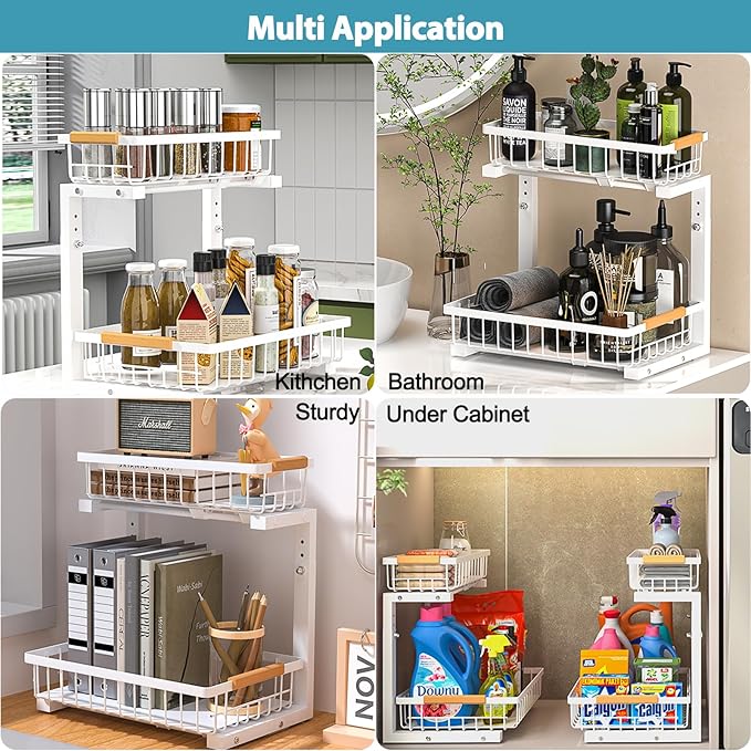 Liuoud Under Sink Organizer 2 Pack, 2 Tier Slide Out Large Capacity Height Adjustable Under Sink Organizers and Storage for Kitchen Bathroom Cabinet, White