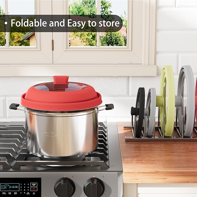 Microwave Splatter Cover, Vented Silicone and Glass Cover Splatter Guard Lid, Food Collapsible Plate Cover Lid with Easy Grip Handle. (Red, 10.8 inch)