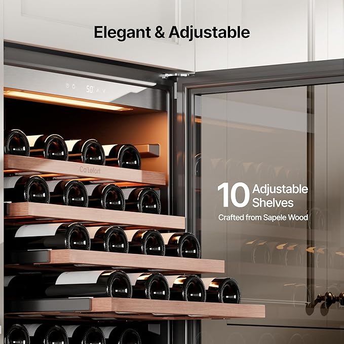 Ca'Lefort 90 Bottle Wine Fridge - 24 Inch 40-65°F Wine Cooler with Glass Door & Bottom Drawer, 10 Adjustable Shelves & 3 LED Lights, Energy Star Certified Built-in/Freestanding for Home/Bar/Kitchen