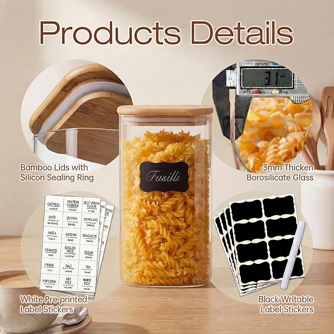 HomArtist 27oz - 4 Pack Square Glass Jars with Bamboo Lids, Glass Food Storage Containers with Airtight Lids for Kitchen, Air Tight Pantry Storage Containers
