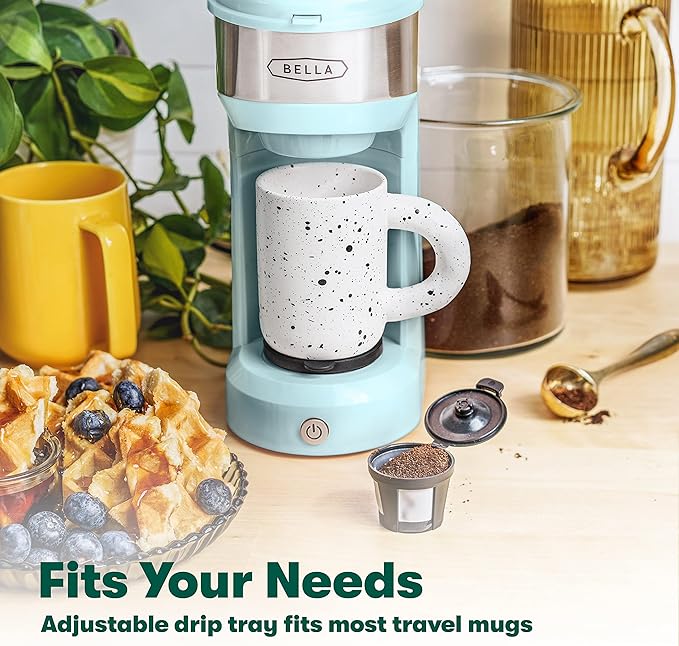 BELLA Dual Brew Single Serve Coffee Maker, Brews both Kcup and Ground Coffee, Large 14oz Capacity, Easy One Touch, Auto Shutoff, Aqua