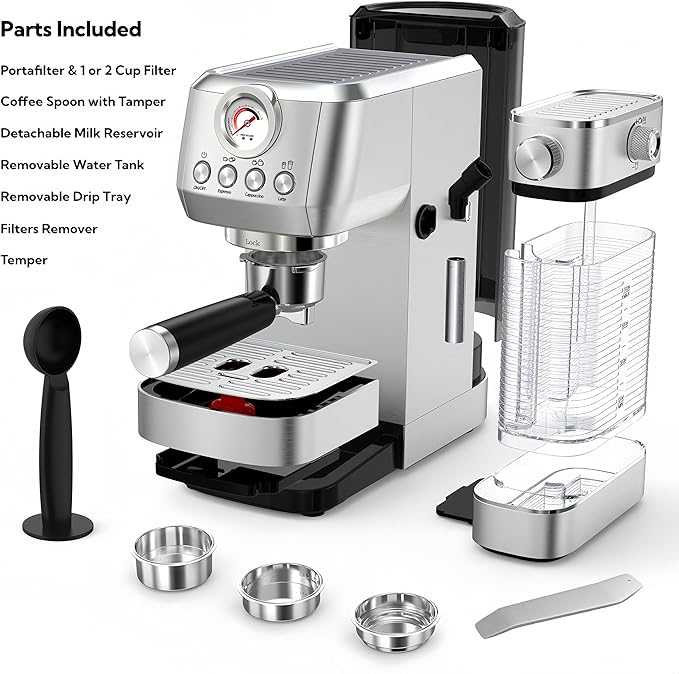 MAttinata Cappuccino Coffee Machine with Automatic Milk Frother, Compact Espresso Machine with Pressure Gauge, Stainless Steel Cappuccino Maker with for Home, Office