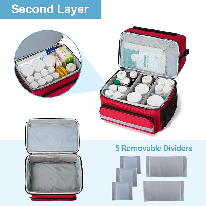 CURMIO Double Layers Medicine Storage Bag, Pill Bottle Organizer Bag with Inner Dividers, Medication Travel Bag for Vitamins, Supplements, Prescription Bottles, Medical Supplies, Red (Patent Design)