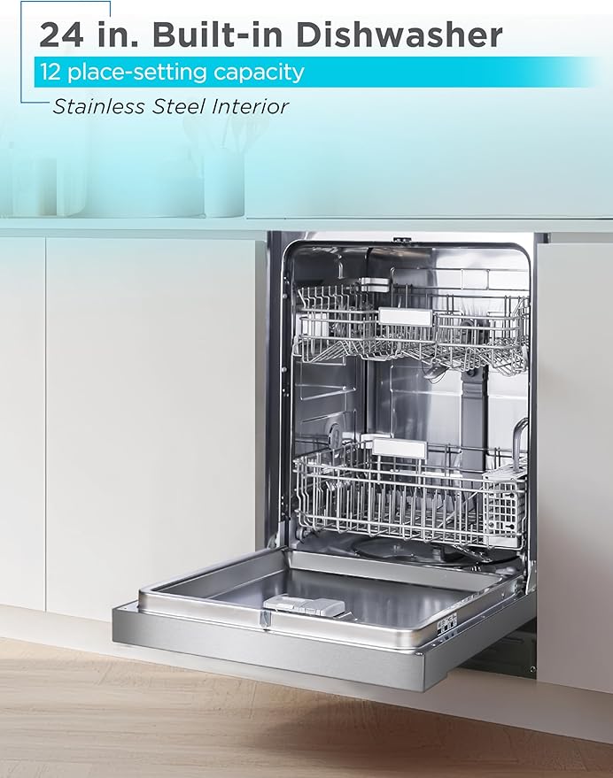 BLACK+DECKER 24" Built-In Dishwasher, 12-Place Setting Capacity with Stainless Steel Tub, Dish Washer with 5 Wash Programs and Smart Wash Cycle, ENERGY STAR Certified, BDW100MS, Stainless Steel