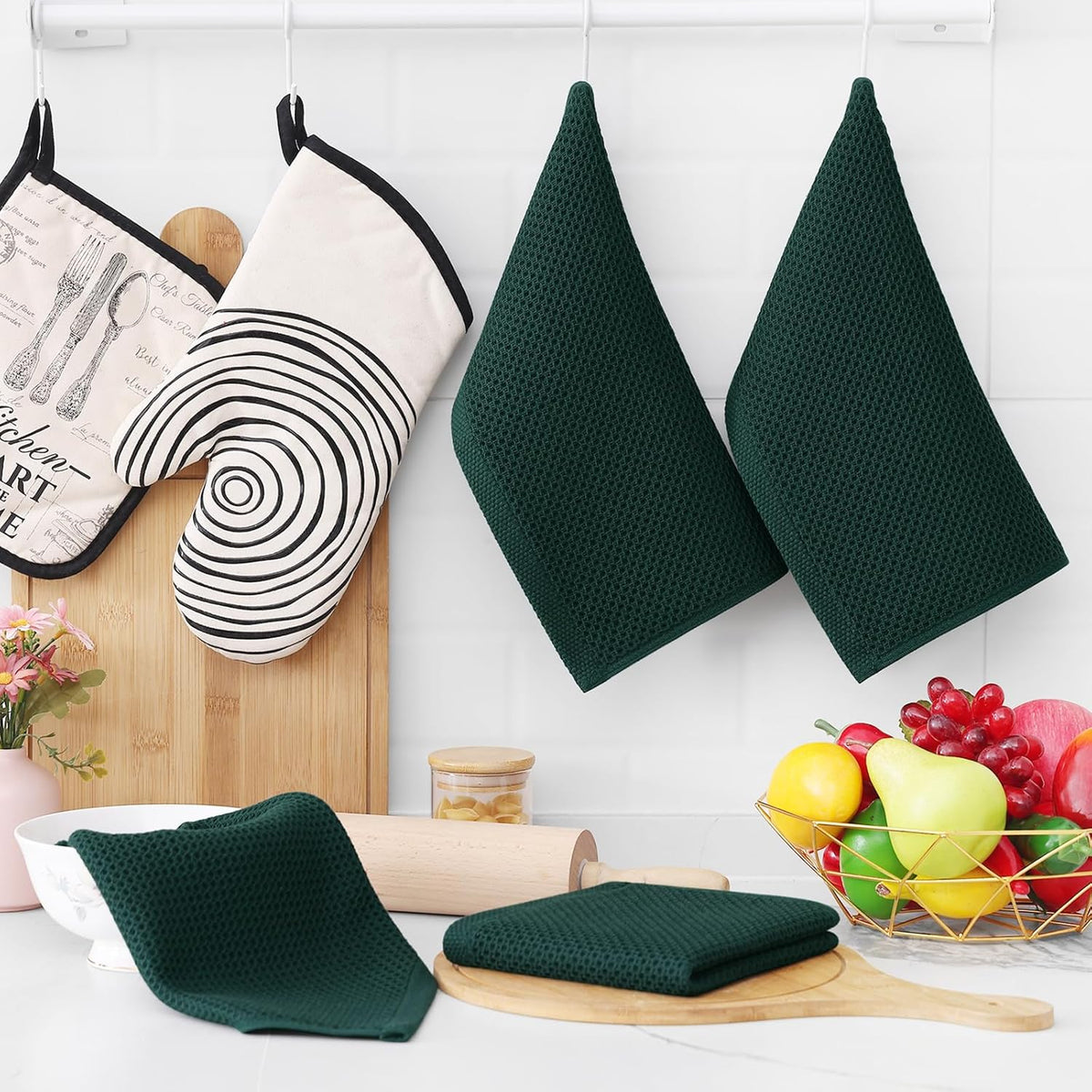 Homaxy 100% Cotton Waffle Weave Kitchen Dish Cloths, Ultra Soft Absorbent Quick Drying Dish Towels, 12 x 12 Inches, 12-Pack, Blackish Green