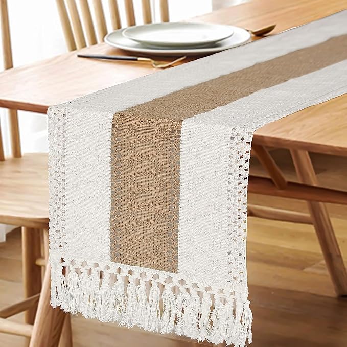 Fexia Boho Table Runner for Christmas Thanksgiving Home Decor with Tassels 90 Inch Cream & Brown Macrame Runner for Dining & Bedroom Baby Bridal Shower Decor(12x90 Inches)
