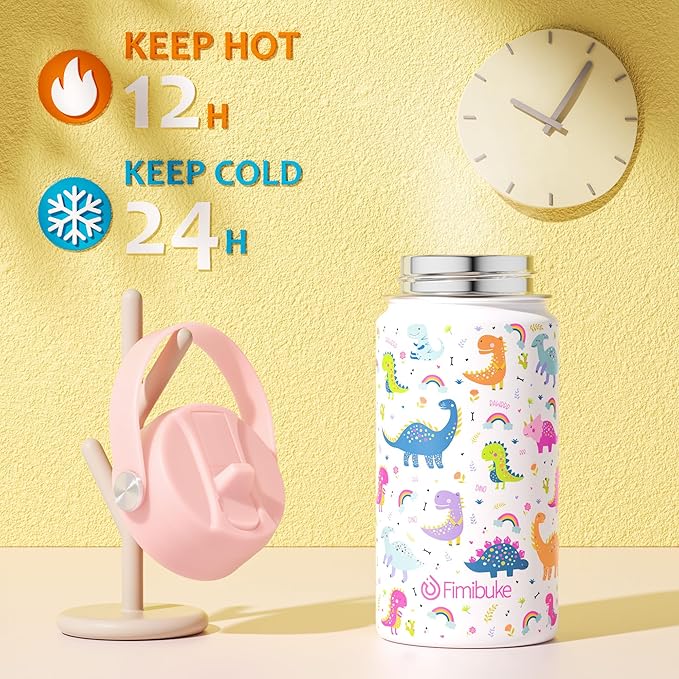 Fimibuke Kids Insulated Water Bottle, 14oz BPA FREE 18/8 Stainless Steel Travel Tumbler Double Wall Vacuum Leak Proof Kids Cup with Straw Metal Bottle for School Boys Girls(1 Pack, WHITE DINOSAUR)