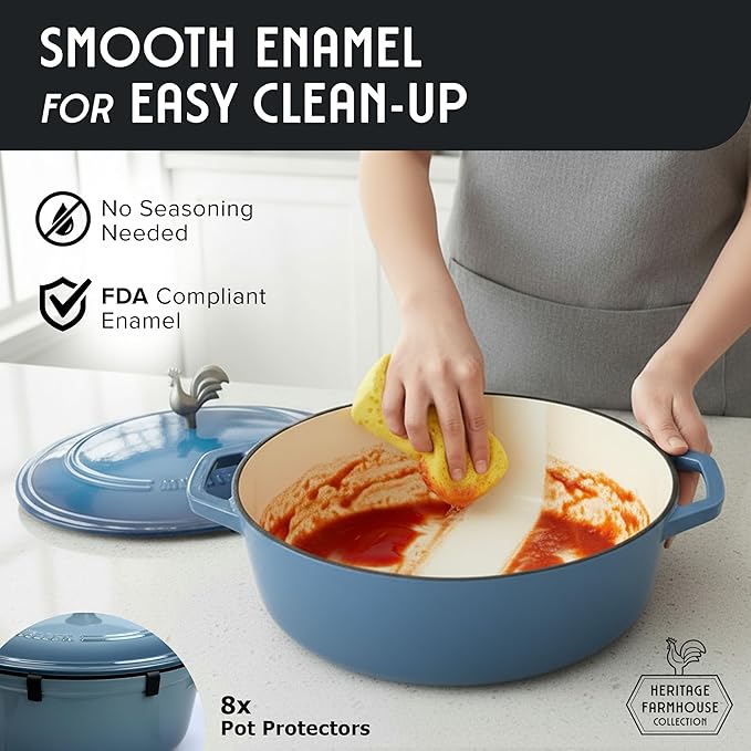 MUELLER HOME 5.5 Quart Enameled Cast Iron Oval Dutch Oven w Rooster Knob & Cotton Potholders, Heavy-Duty Cookware, Oven-Safe up to 500° F & Across All Cooktops, Gifts for Grandma & Women, Mineral Blue