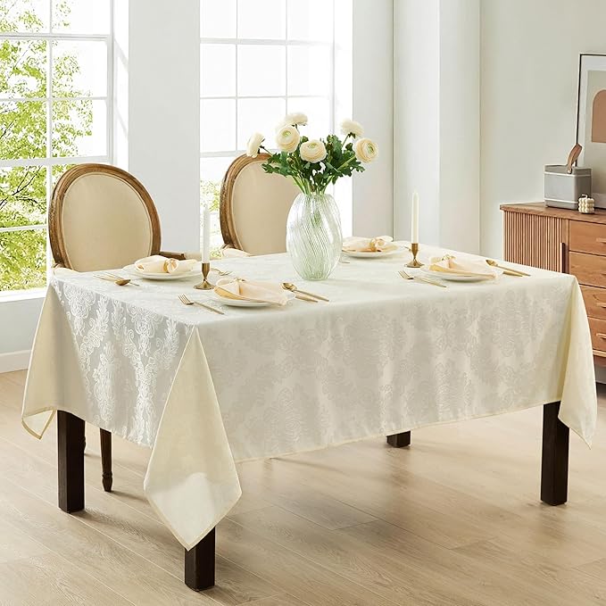 Newbridge Barcelona Luxury Damask Fabric Tablecloth, 52” Wide x 70” Rectangle, Antique White, 100% Polyester, No Iron, Soil Resistant Dining Room, Party and Banquet Table Cover