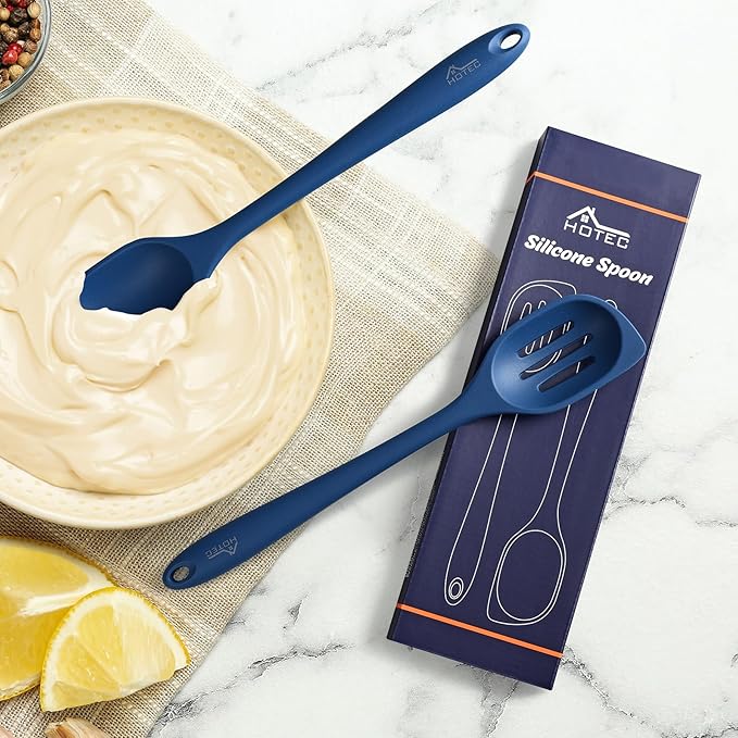 HOTEC 446°F Heat Resistant Silicone Cooking Spoon Spatula, BPA Free Large Kitchen Solid and Slotted Spoons for Mixing, Serving, Scraping, Non-stick, Dishwasher Safe Classic Blue 12.5inch