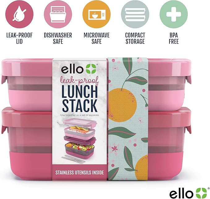 Ello 2-Pack Lunch Stack Plastic Food Storage Container Bento Box with Airtight, Leak-Proof Locking Plastic Lids and Silicone Base, BPA-Free, Freezer, Microwave, and Dishwasher Safe, Guava