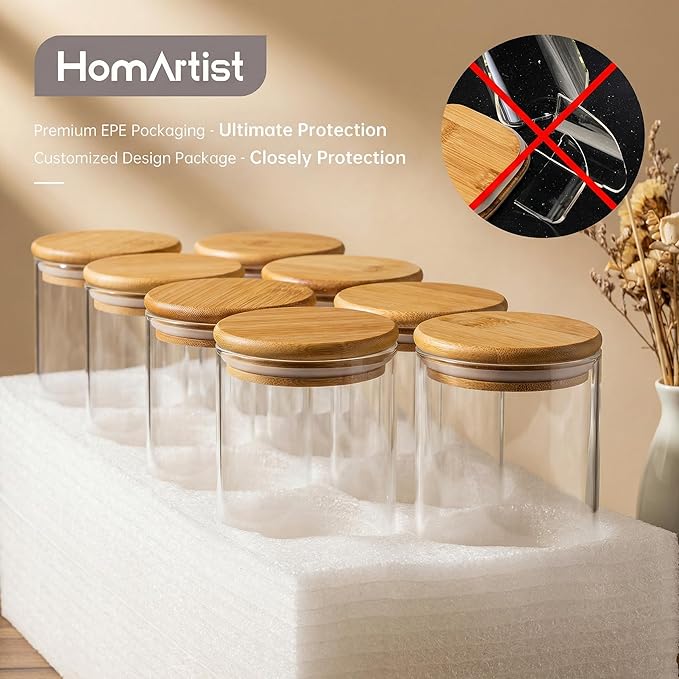 HomArtist Glass Jars with Bamboo Lids [Muti Size Set of 5], Glass Canisters with Airtight Lids, Glass Food Storage Containers for Pasta, Oats, Coffee, Flour, Sugar, Rice, Best for Kitchen & Pantry