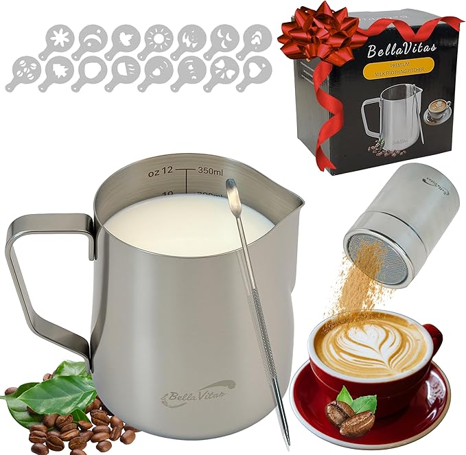 Milk Frothing Pitcher Set 12oz/350ml, 304 Stainless Steel Milk Frother Cup with Cocoa Shaker, Latte Art Pen, Stencils, Espresso Machine Accessories & Coffee Barista Tools Latte Pitcher Gift