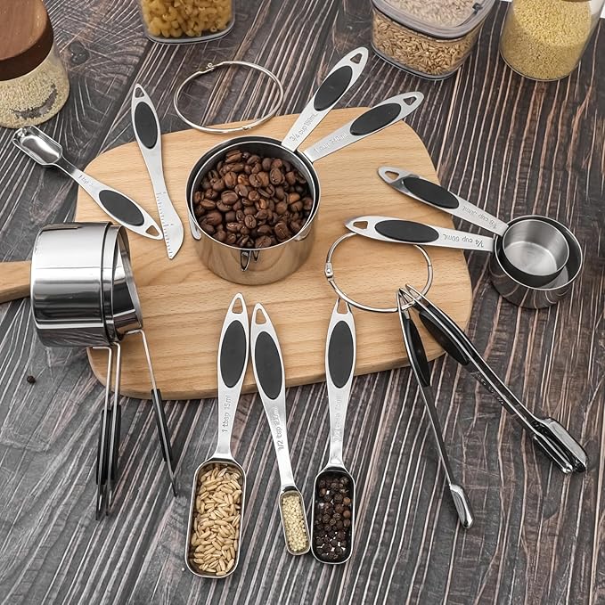 Magnetic Measuring Cups and Spoons Set, 15 Piece Stainless Steel Measuring Cups and Spoons for Measure Dry and Liquid Ingredients (Black)