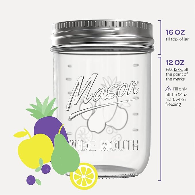 SEWANTA Wide Mouth Mason Jars 16 oz [18 Pack] With Mason Jar Lids and Bands, Mason Jars 16 oz - For Canning, Fermenting, Pickling - Jar Décor - Microwave/Dishwasher Safe.