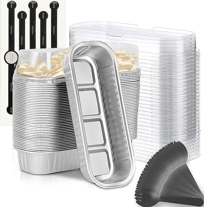 Findful Mini Loaf Baking Pans with Lids and Spoons (50 Pack, 6.8oz) Rectangle Aluminum Foil Baking Pans Tins Containers - Cupcake Containers Wrappers Cheesecake Creme Brulee Ramekins