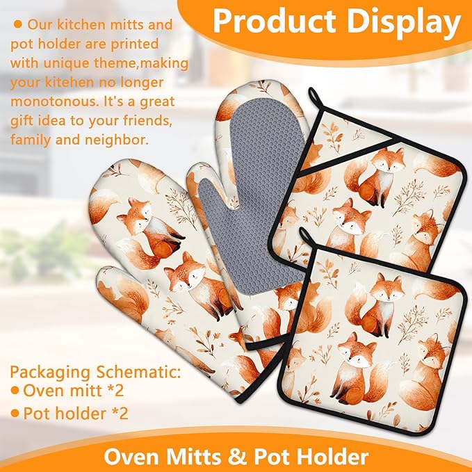 Cute Fox Oven Mitts and Pot Holders Sets 4Pcs Silicone Non-Slip Mitts Heat Resistant Gloves Hot Pads for Kitchen Cooking Baking Grilling BBQ