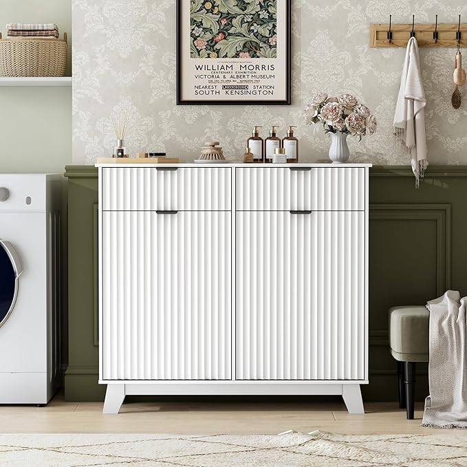 Double Tilt Out Laundry Hamper Cabinet, 20 Gallon Wooden Trash Can Cabinet with Drawers, Hidden Fluted Bathroom Storage Cabinet for Kitchen, Living Room (White, 39.34" W x 35.83" H x 13" D)