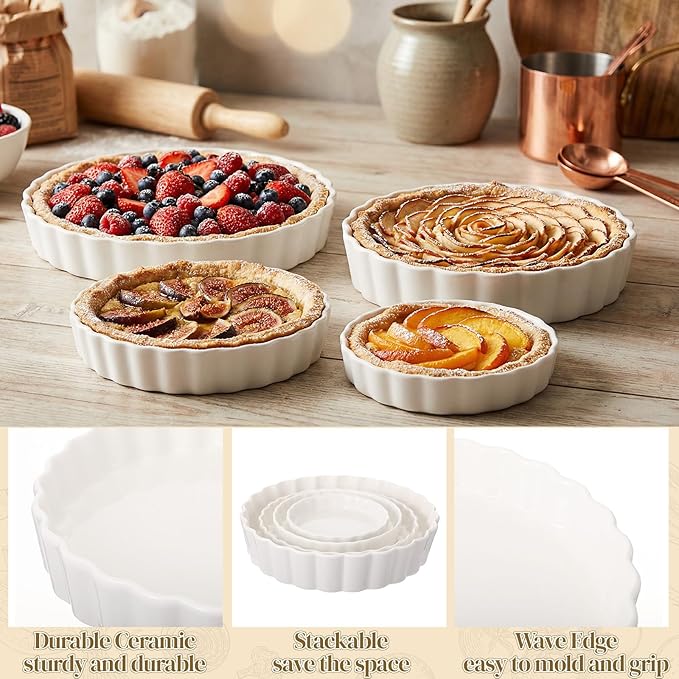 4 Packs Ceramic Pie Pan Set 6/7 /9/11 Deep Pie Plate Round Baking Dish Quiche Baking Dish Bakeware Tart Molds Oven Safe for Serving