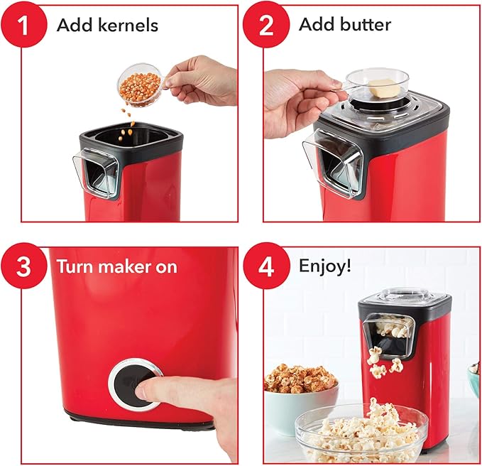 Dash Turbo Pop Popcorn Maker - Theater-Style Popcorn Machine - Comes with Measuring Cup & Butter-Melting Tray - Convenient, Space-Saving Design - 8 Cups, White