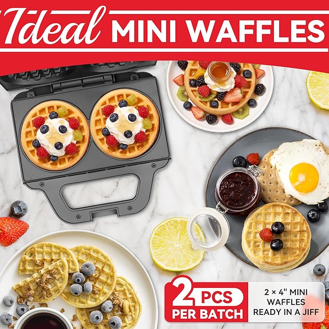 SugarWhisk 4 Inch Double Mini Waffle Maker Machine, Chaffle Maker, Waflera Electrica, Small Waffle Iron for Waffles, Keto Chaffles, Hash Browns, Cookies, Grey