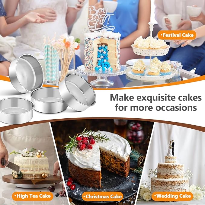 P&P CHEF Cake Pan Set of 4, Stainless Steel Baking Round Cake Pans Tins Bakeware for Birthday Wedding, Leak-proof & Easy Clean, Mirror Finish & Easy Releasing, 6 Inch
