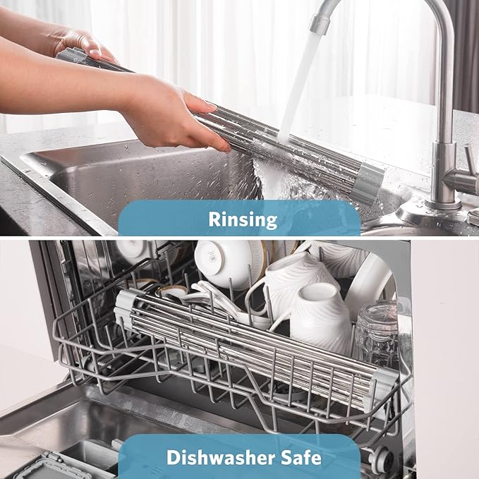 Upgraded Roll Up Dish Drying Rack(17.1” x 13.1”) Over Sink Dish Drainer Foldable Stainless Steel Trivet for Kitchen Countertop