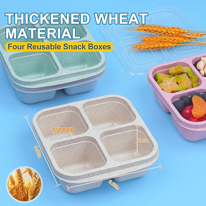 4 Pack Snack Containers, 4 Compartments Snack Box Containers with Lids, Reusable Meal Prep Lunchable Container for Adults, Microwave Dishwasher Safe, Divided Food Storage Containers for Work Travel