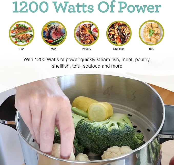 Euro Cuisine FS3200 Electric Food Steamer, Versatile Vegetable Steamer & Steam Cooker for Healthy Cooking, Ideal for Fish, Veggie, Meat, Easy Cleaning, Stainless Steel Design 1200 Watts