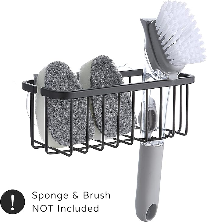 SunnyPoint NeverRust Deluxe Kitchen & Bathroom Sink Sponge Holder Organizer with Adhesive Mount - Additional Suction Cup Included – Sponge & Brush NOT Included – 7.4 x 3.3 x 2.75 Inch, BLK (Pack of 2)