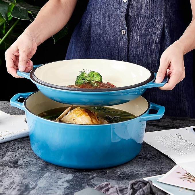 Bruntmor 2-in-1 Enamel Cast Iron Dutch Oven With Handles - Crock Pot Blue Cast Iron pot with Skillet lid - All-in-One Cookware Braising Pan for Casserole Dish - 7 Quart, Blue