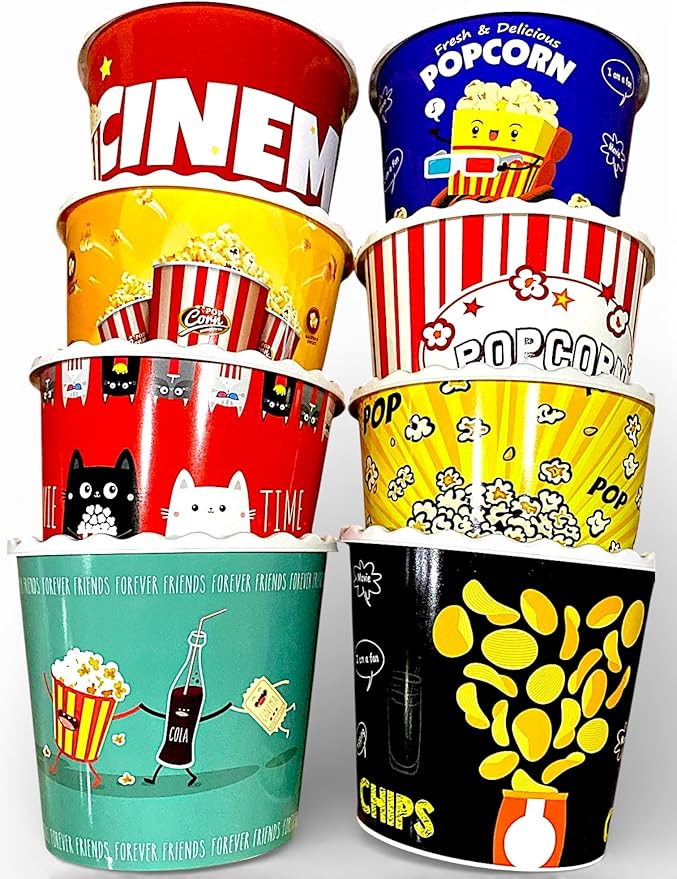 Modern Style Reusable Plastic Popcorn Box/Popcorn Containers/Popcorn Bowls Set for Movie Theater Night - (BPA Free - 8 Pack - 75 oz) (Mix 8-S)