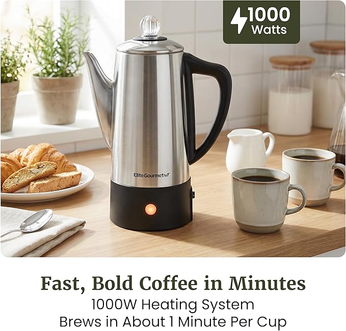 Elite Gourmet 6-Cup Electric Coffee Percolator – Stainless Steel, Fast Brewing, Keep Warm with Auto Shut-Off, Clear Brew Progress Knob, Cordless Serving Base, Reusable Filter, 1000W