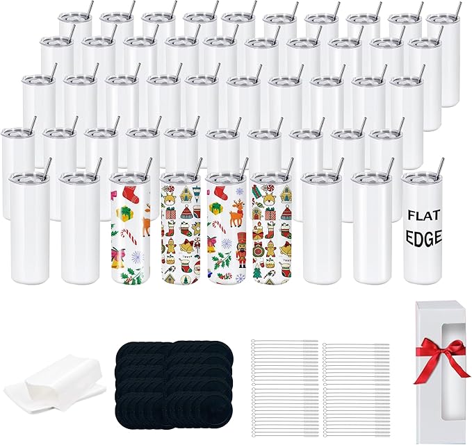 50 Pack 20oz Sublimation Tumblers Bulk With Flat Edge, 20OZ Flat Sublimation Tumbler Blank, Skinny Straight Stainless Steel Blanks Cups with Individual Box (50, 20OZ FLAT EDGE)
