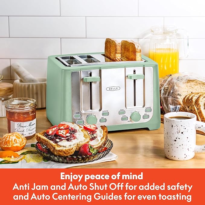 BELLA 4 Slice Toaster with Auto Shut Off - Extra Wide Slots & Removable Crumb Tray and Cancel, Defrost & Reheat Function - Toast Bread & Bagel, Sage