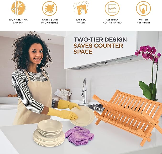 Bambüsi Bamboo Dish Drying Rack and Plate Organizer Set Bundle