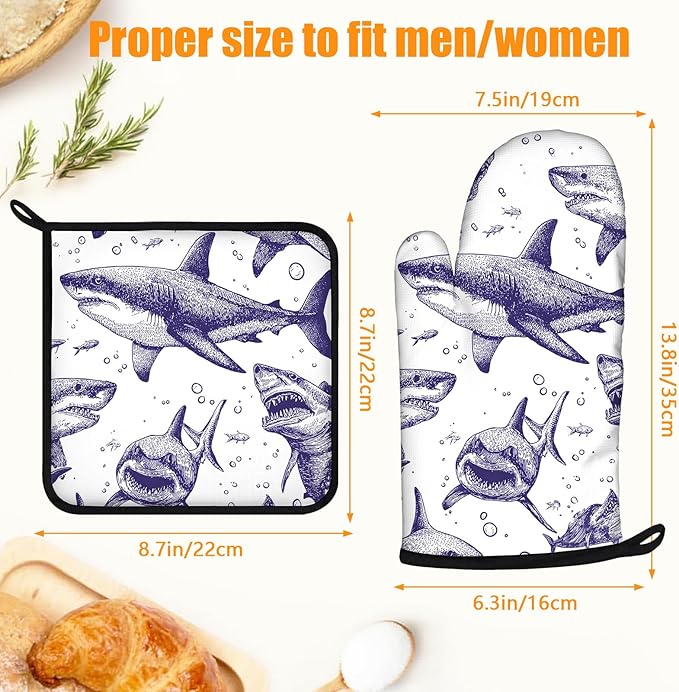 Cool Shark Oven Mitts and Pot Holders Sets 4Pcs Silicone Non-Slip Mitts Heat Resistant Gloves Hot Pads for Kitchen Cooking Baking Grilling BBQ
