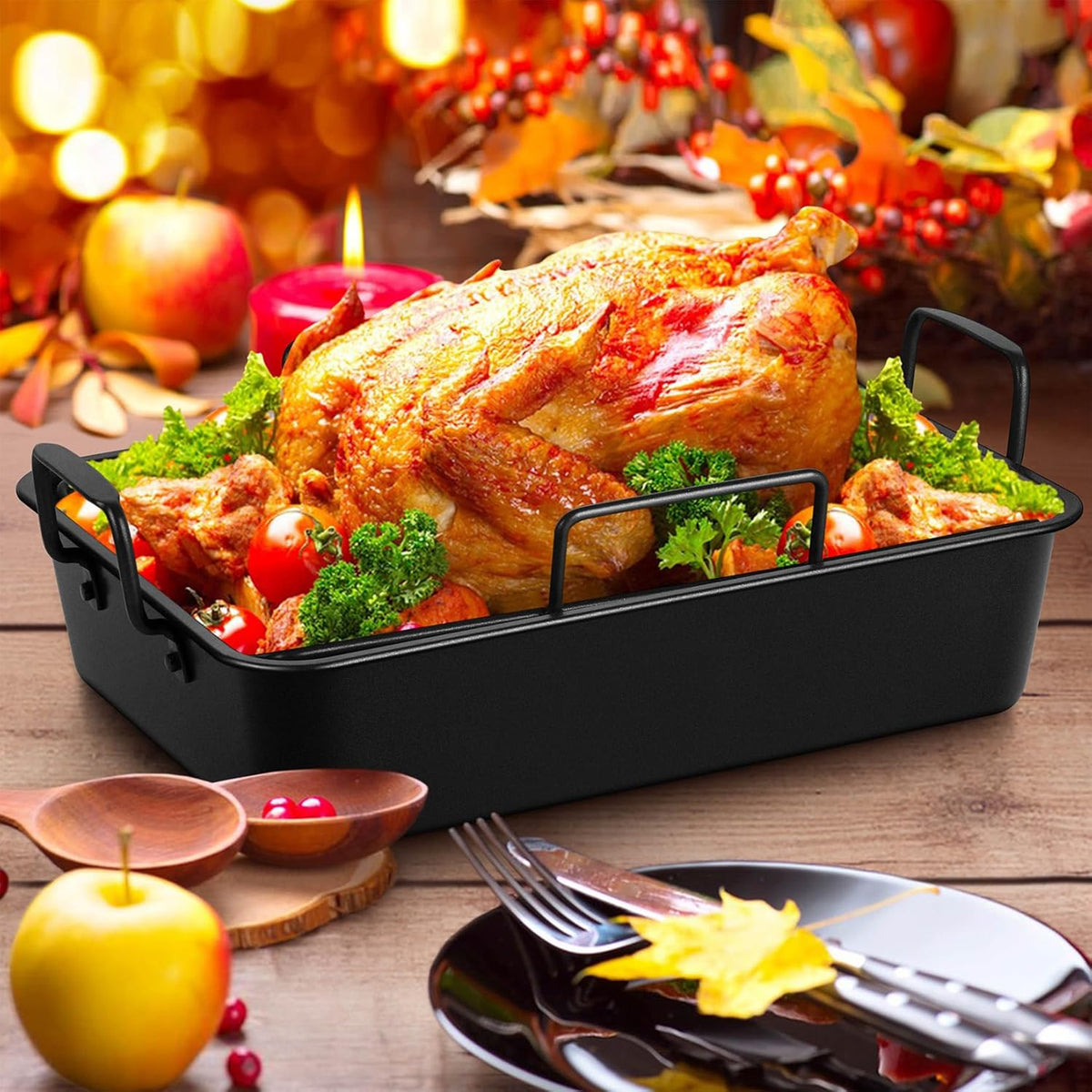 P&P CHEF 16" Roaster Roasting Pan with Baking Rack and V-shaped Rack, Stainless Steel Rectangular Lasagna Pan with Handles for Turkey Chicken, Healthy & Dishwasher Safe, 3 Pieces, Black