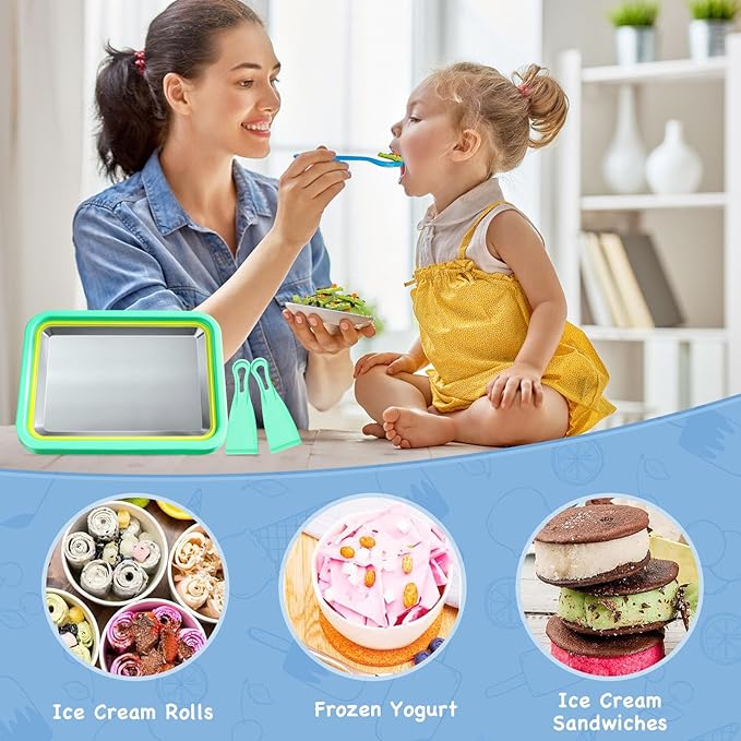 Mini Rolled Ice Cream Maker, Frozen Yogurt Rolls Tray, Instant Cold Plate Ice Cream Maker, Homemade DIY Smoothies, Ideal for Family Activities, Mint Green