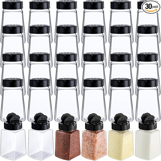 Mimorou 30 Pack Plastic Spice Jars with Shaker Lids Clear Seasoning Containers Spice Bottles for Kitchen Storing Spice Herbs Seasoning Powders(Cuboid,9.3 oz)