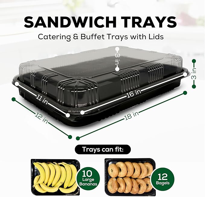 10 Pack Catering Trays with Lids – 17" Serving Tray with Lid, Heavy Duty Recyclable Plastic Party Platters for Catering, Buffet, Picnics & Events – Food Tray with Clear Lid (17.72 x 12.20 x 2.95 inch)