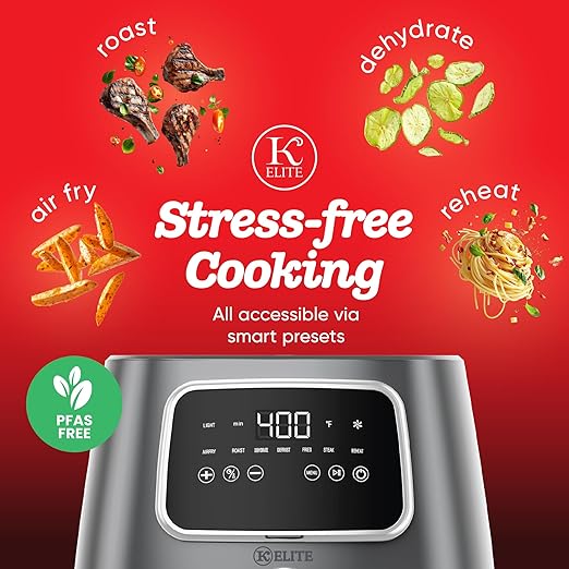 Kitchen Elite 5.5 Qt. Digital Air Fryer, Countertop Cooker with LED Screen, Presets for Air Fry, Roast, Dehydrate, Defrost and Reheat, Grey